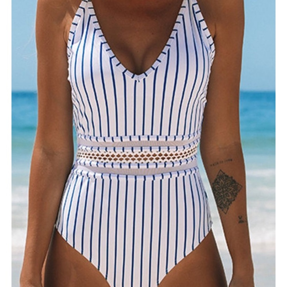 BRAND NEW! V-neck stripped one-piece bathing suit!